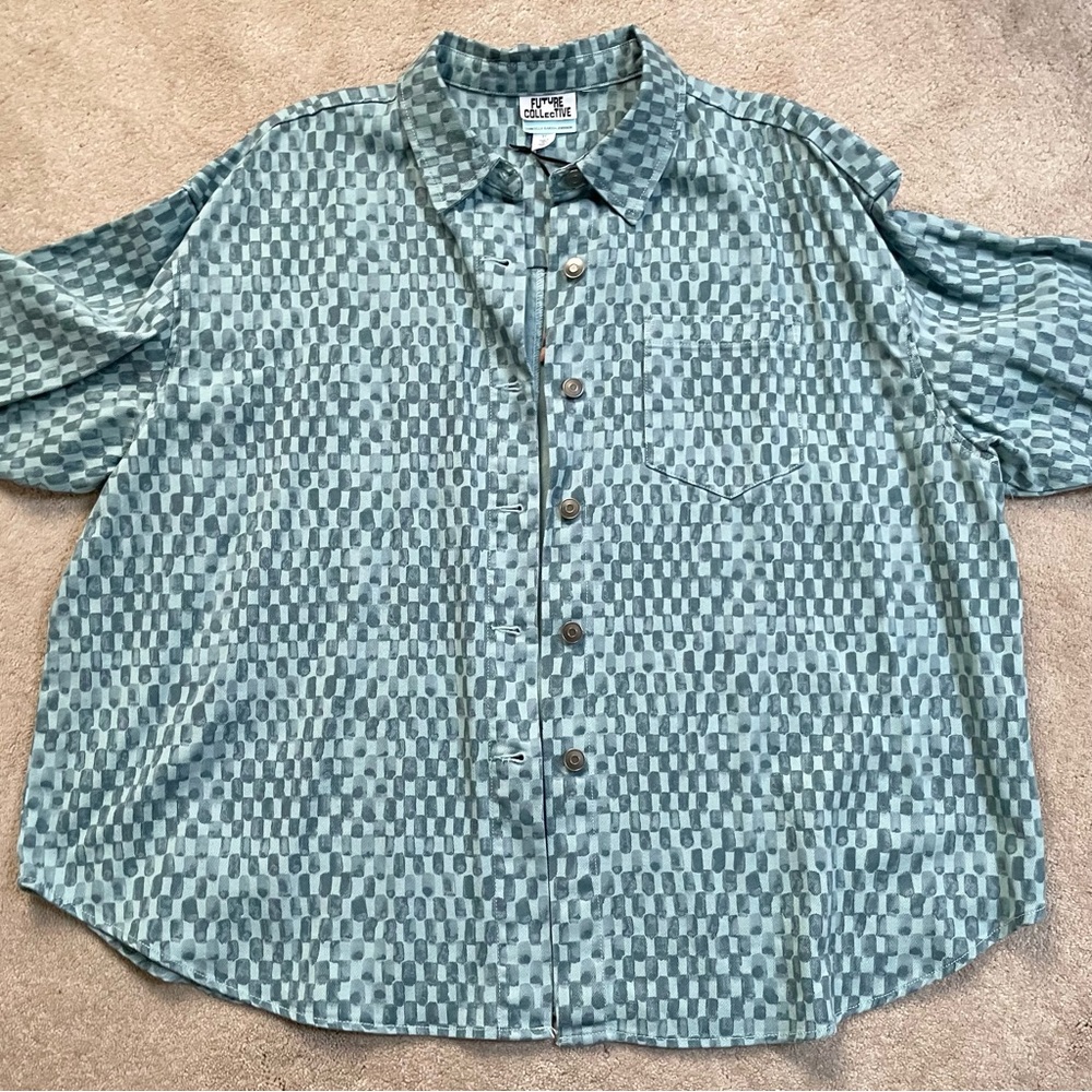 New Future Collective Checkered Print Denim Shirt & Pants Set Blue Size XL / 14 - Picture 8 of 16